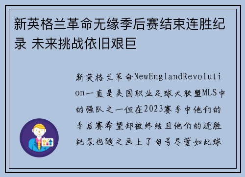 新英格兰革命无缘季后赛结束连胜纪录 未来挑战依旧艰巨 新英格兰革命无缘季后赛结束连胜纪录 未来挑战依旧艰巨