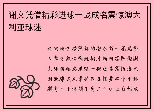谢文凭借精彩进球一战成名震惊澳大利亚球迷